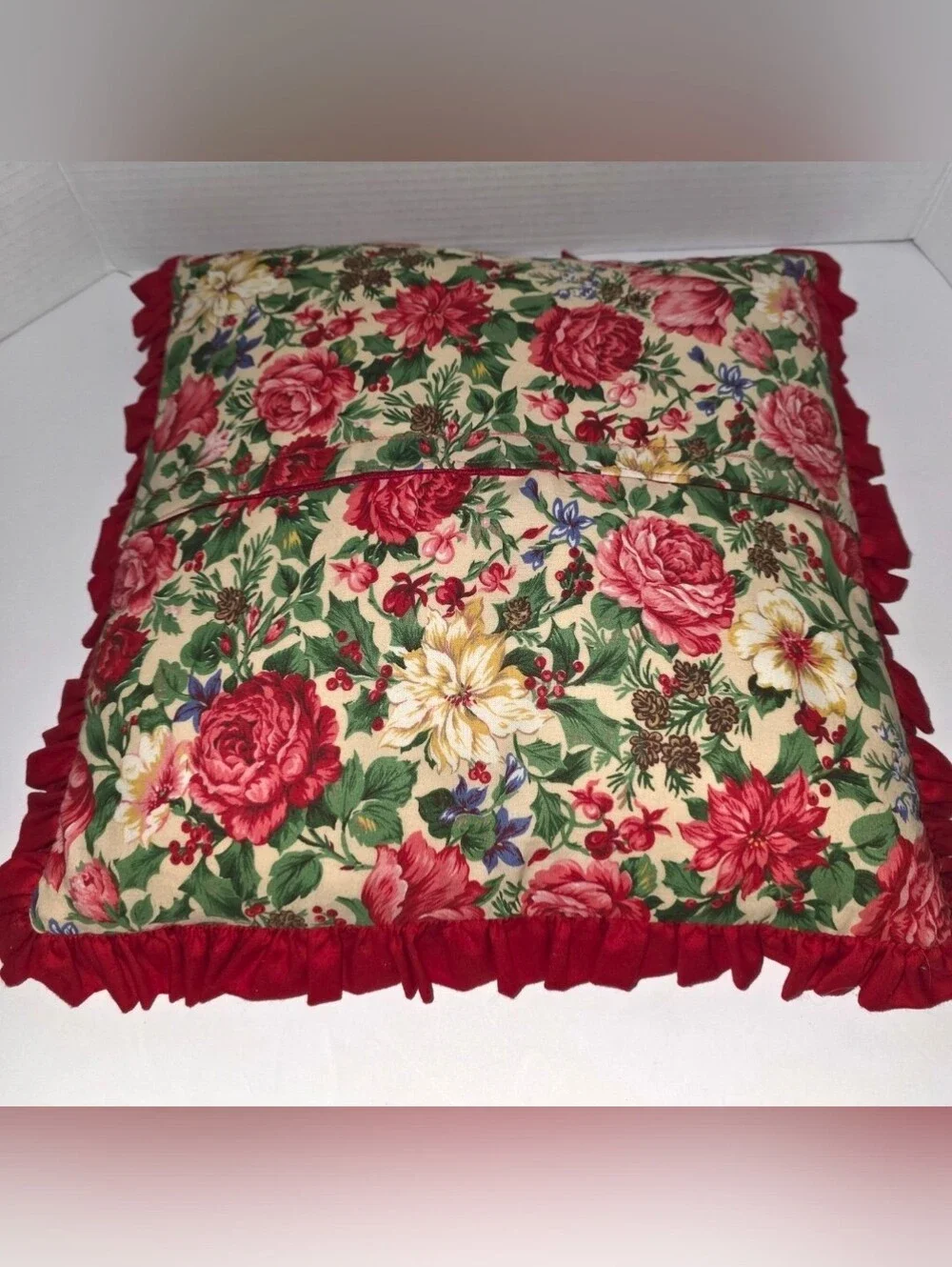 Vintage Handmade Quilted Pillow Floral Patchwork Star Ruffle Cottagecore Cottage